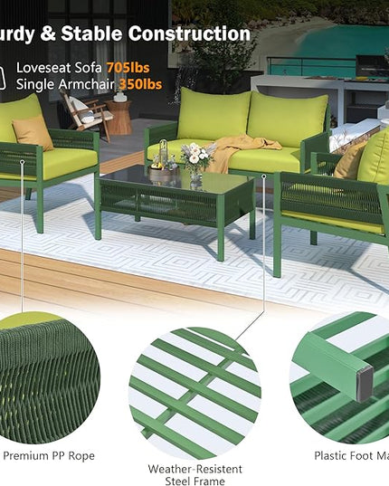 4 Piece Patio Furniture Set, Outdoor FSC Certified Acacia Wood Conversation Set, All-Weather Rope Sofa Set w/Tempered Glass Table, Loveseat for Lawn Balcony Poolside, Backyard, Backyard - LeafyLoom