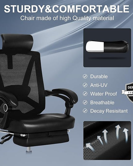 Misolant Ergonomic Office Chair with Footrest, Ergonomic Desk Chair with Adjustable 2D Lumbar Support, High Back Office Chair with Adjustable Headrest, Comfortable Leather Office Chair -Black - LeafyLoom