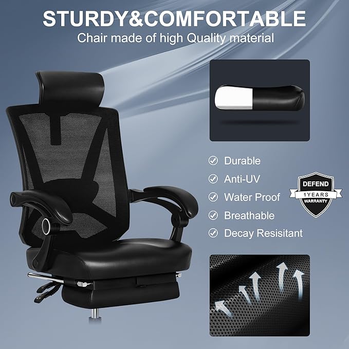 Misolant Ergonomic Office Chair with Footrest, Ergonomic Desk Chair with Adjustable 2D Lumbar Support, High Back Office Chair with Adjustable Headrest, Comfortable Leather Office Chair -Black - LeafyLoom