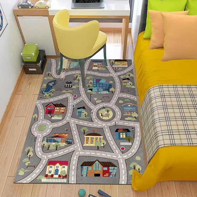 Analog ABC Kids Rug Playroom Car Rug Play Mat City Life Road Rug for Cars Fun City Map for Carpet for Bedroom Boys (78 * 118 inches, Night Township) - LeafyLoom