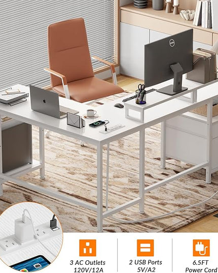 Furologee White 59” L Shaped Desk with Power Outlet, Reversible Computer Desk with File Drawer & 2 Monitor Stands, Corner Home Office Desk with Storage Shelves for Gaming Writing - LeafyLoom