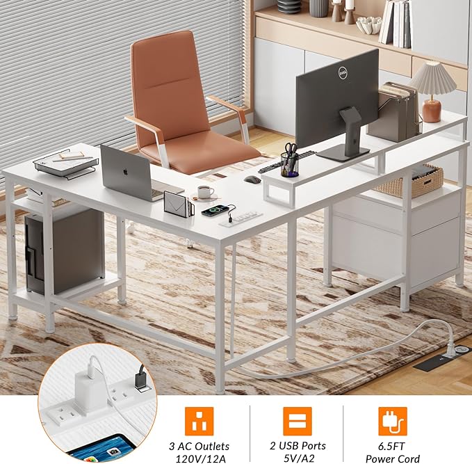 Furologee White 59” L Shaped Desk with Power Outlet, Reversible Computer Desk with File Drawer & 2 Monitor Stands, Corner Home Office Desk with Storage Shelves for Gaming Writing - LeafyLoom
