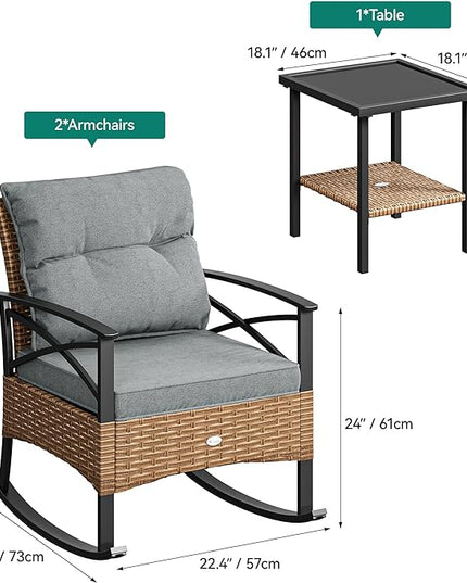 YITAHOME 3-Piece Outdoor Rocking Chair Bistro Set, Patio Wicker Rocking Chair Conversation Set with Glass Coffee Table & Soft Cushions for Balcony, Lawn and Porch Poolside (Light Brown+Gray) - LeafyLoom