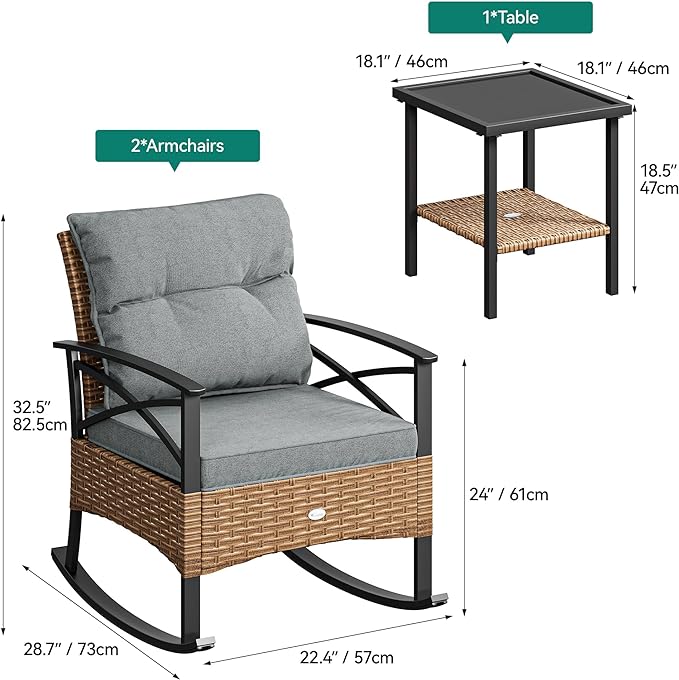 YITAHOME 3-Piece Outdoor Rocking Chair Bistro Set, Patio Wicker Rocking Chair Conversation Set with Glass Coffee Table & Soft Cushions for Balcony, Lawn and Porch Poolside (Light Brown+Gray) - LeafyLoom