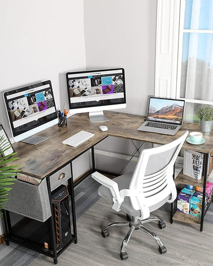 X-cosrack 2 Person Desk Large L-Shaped Computer Desk with Storage Shelves Drawer, Home Office Writing Corner Desk, Long Desk PC Laptop Workstation with Hooks Storage Bag Cable Hole - LeafyLoom