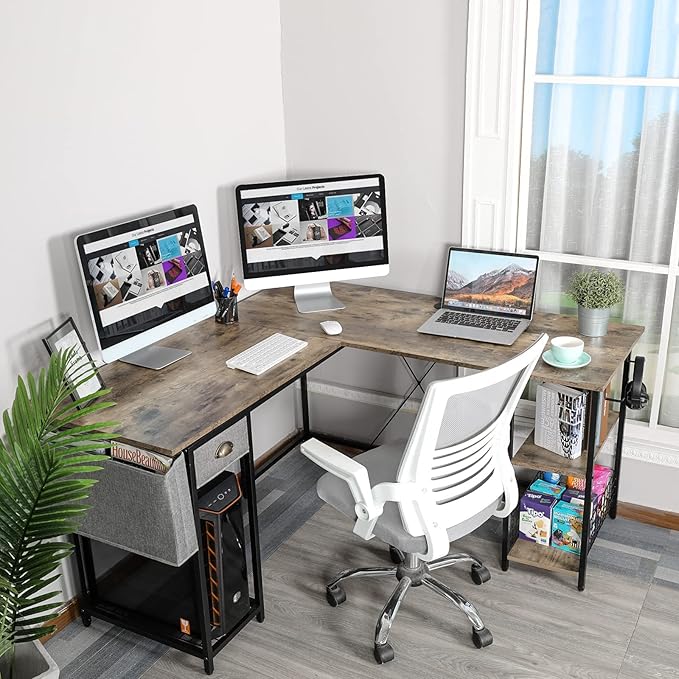 X-cosrack 2 Person Desk Large L-Shaped Computer Desk with Storage Shelves Drawer, Home Office Writing Corner Desk, Long Desk PC Laptop Workstation with Hooks Storage Bag Cable Hole - LeafyLoom