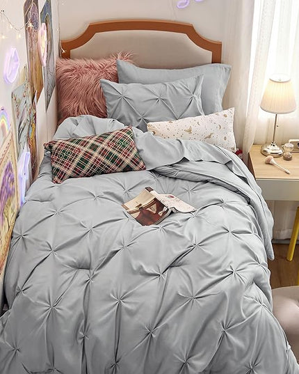 Bedsure Twin Comforter Set with Sheets - 5 Pieces Bedding Sets, Pinch Pleat Grey Bed in a Bag with Comforter, Pillowcase & Sham - LeafyLoom