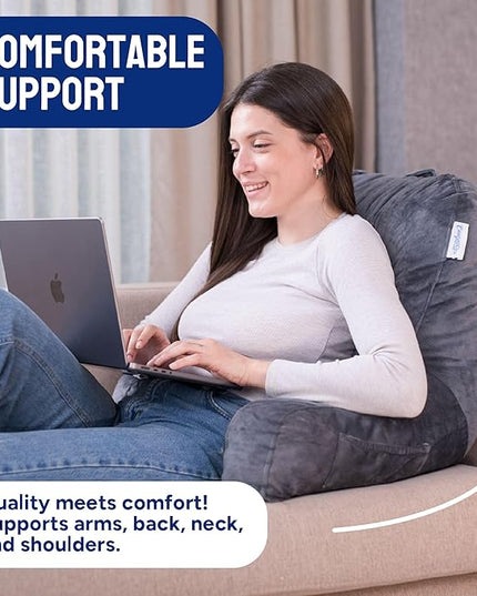 ComfortSpa Reading Pillow for Bed Adult Size, Back Rest Pillow with Arms, Pockets and Washable Cover; Use as a Back Pillow for Sitting in Bed for Bedrest or Relief from GERD Heartburn (Grey) - LeafyLoom