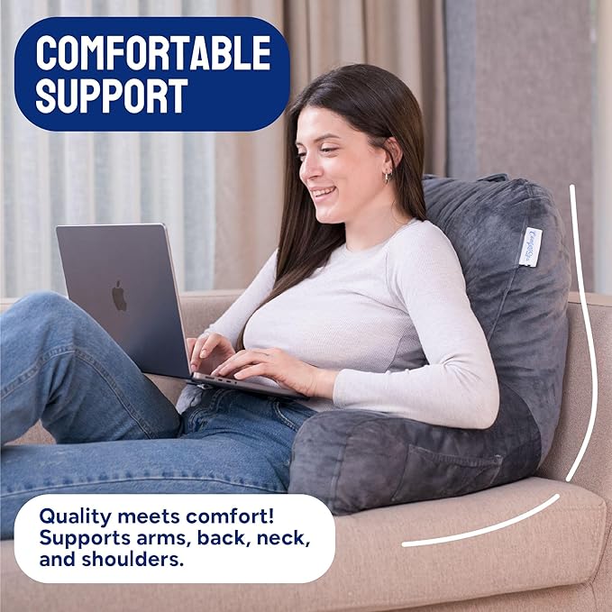 ComfortSpa Reading Pillow for Bed Adult Size, Back Rest Pillow with Arms, Pockets and Washable Cover; Use as a Back Pillow for Sitting in Bed for Bedrest or Relief from GERD Heartburn (Grey) - LeafyLoom