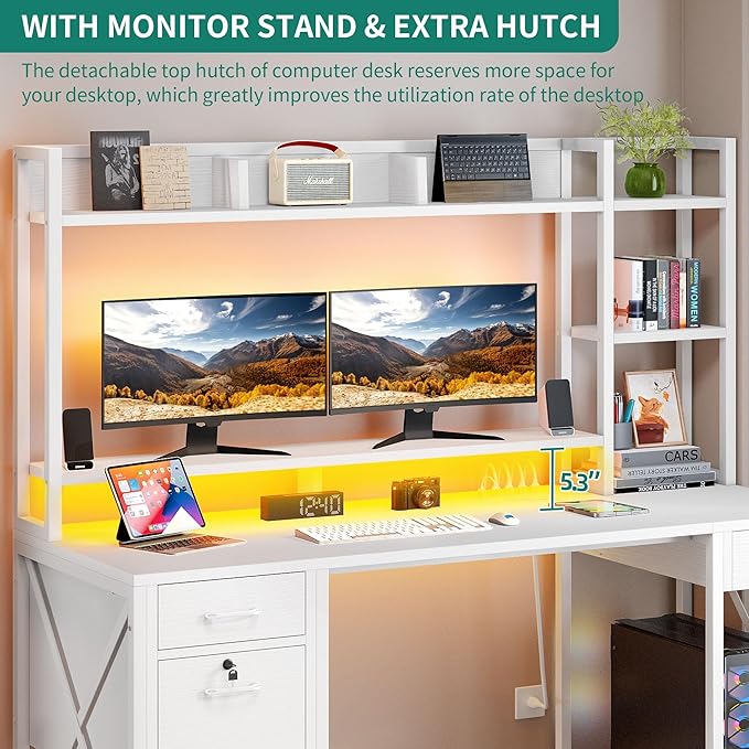 DWVO Computer Desk with Drawers & Hutch, 59.1" Office Desk with Power Outlets & LED Lights, Home Office Desk with Storage Shelves, White - LeafyLoom