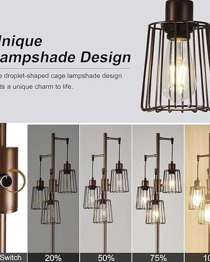 Dimmable Floor Lamp, Tall Floor Lamps for Living Room Bright Lighting, Standing Tree Floor Lamp with 3 Elegant Teardrop Cage Head, Farmhouse Industrial Floor Lamp for Bedroom Office(Brown) - LeafyLoom
