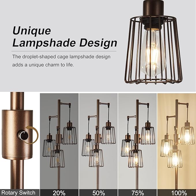 Dimmable Floor Lamp, Tall Floor Lamps for Living Room Bright Lighting, Standing Tree Floor Lamp with 3 Elegant Teardrop Cage Head, Farmhouse Industrial Floor Lamp for Bedroom Office(Brown) - LeafyLoom