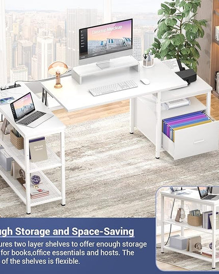 Aheaplus L Shaped Desk with Power Outlet, Standing Home Office Desk with Lift Top and File Drawer, 63'' Corner Computer Desk with Monitor Stand&Printer Shelves, Gaming Desk with Led Lights, White - LeafyLoom