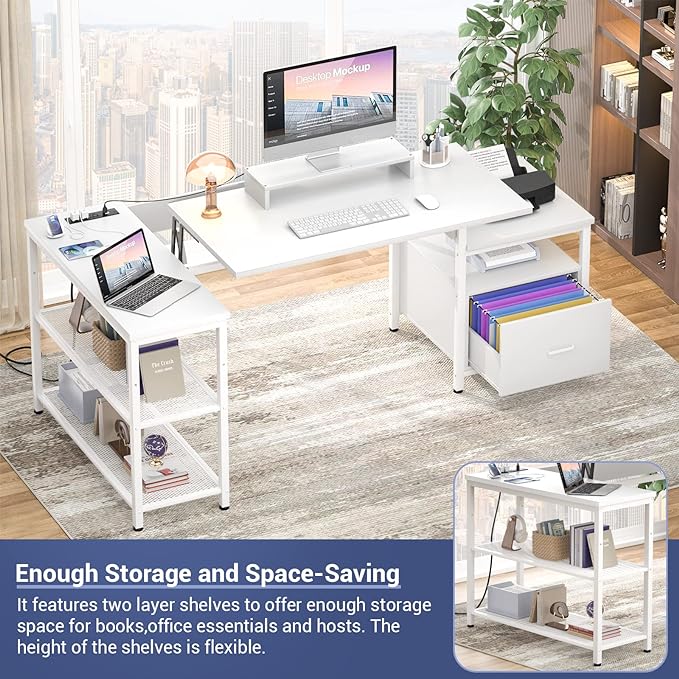 Aheaplus L Shaped Desk with Power Outlet, Standing Home Office Desk with Lift Top and File Drawer, 63'' Corner Computer Desk with Monitor Stand&Printer Shelves, Gaming Desk with Led Lights, White - LeafyLoom