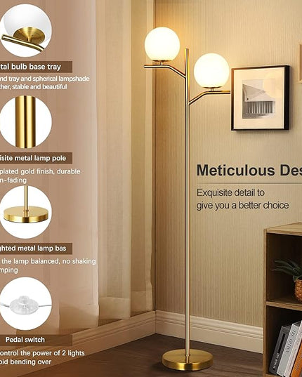 QiMH Modern Floor Lamp for Living Room, Gold Standing Lamp for Bedroom with Globe Glass Shade, 68" Mid-Century Tall Pole Tree Lamps Light Home Decor, Antique Brass(LED Bulbs Included) - LeafyLoom