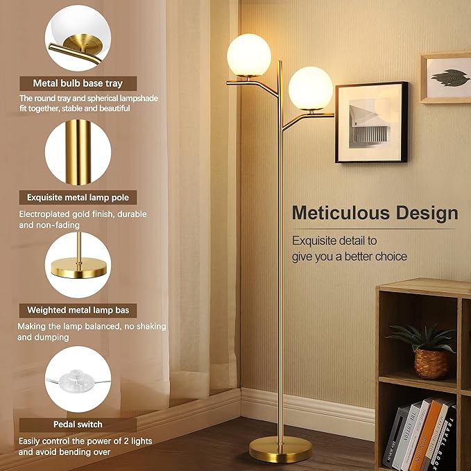 QiMH Modern Floor Lamp for Living Room, Gold Standing Lamp for Bedroom with Globe Glass Shade, 68" Mid-Century Tall Pole Tree Lamps Light Home Decor, Antique Brass(LED Bulbs Included) - LeafyLoom