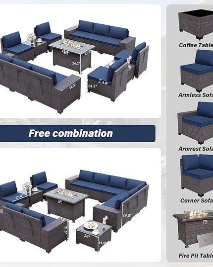 13PCS Patio Furniture Sectional Sofa Set PE Rattan Patio Conversation Set w/43in Gas Fire Pit Table, Outdoor Furniture with 55000 BTU Propane Fire Pit, Navy Blue - LeafyLoom