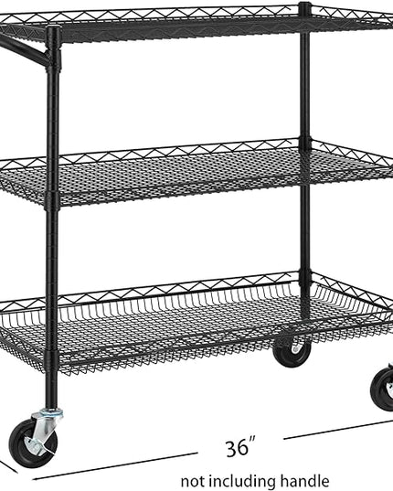Finnhomy 3 Tier Heavy Duty Commercial Grade Utility Cart, Wire Rolling Cart with Handle Bar, Steel Service Cart with Wheels, Kitchen Carts on Wheels, Metal Cart Shelf Size 18" D x 36" W, NSF, Black - LeafyLoom