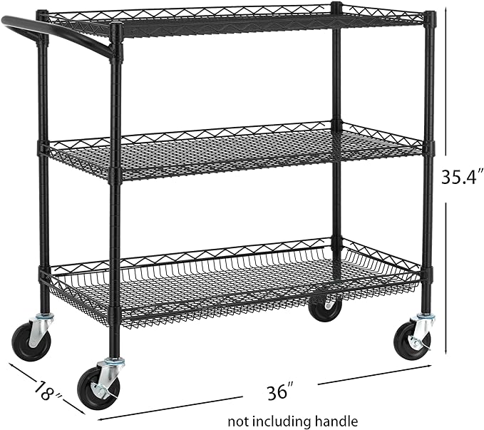 Finnhomy 3 Tier Heavy Duty Commercial Grade Utility Cart, Wire Rolling Cart with Handle Bar, Steel Service Cart with Wheels, Kitchen Carts on Wheels, Metal Cart Shelf Size 18" D x 36" W, NSF, Black - LeafyLoom