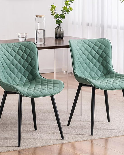 YOUTASTE Light Green Dining Chairs Set of 2 Mid Century Modern PU Leather Diamond Upholstered Accent Guest Dinner Chair with Back Metal Legs for Kitchen Living Reception Waiting Room - LeafyLoom