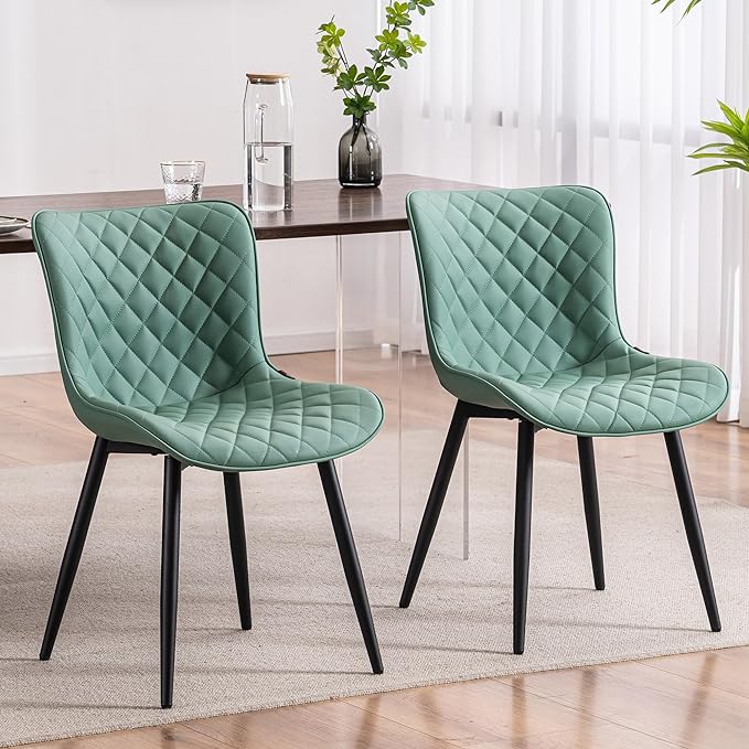 YOUTASTE Light Green Dining Chairs Set of 2 Mid Century Modern PU Leather Diamond Upholstered Accent Guest Dinner Chair with Back Metal Legs for Kitchen Living Reception Waiting Room - LeafyLoom