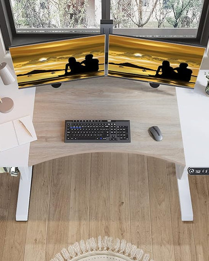 Dual Motor Electric Standing Desk - 63 x 30 Inch Adjustable Height Sit Stand Computer Desk with Splice Board, Stand Up Desk Table for Home Office, White Frame/Oak and White Top(with Radian) - LeafyLoom