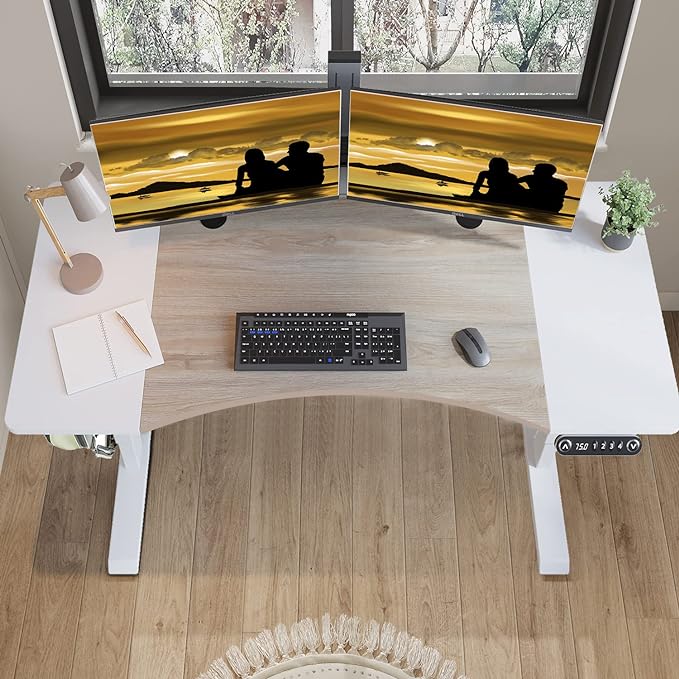 Dual Motor Electric Standing Desk - 63 x 30 Inch Adjustable Height Sit Stand Computer Desk with Splice Board, Stand Up Desk Table for Home Office, White Frame/Oak and White Top(with Radian) - LeafyLoom