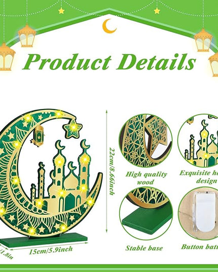 2 Pcs Ramadan Eid Mubarak Crafts Night Light 3D Wooden Moon Star Lights Ramadan Decorations LED Eid Mubarak Lamp Decor Ramadan Table Sign for Tabletop Home Party Supplies(Green and Gold) - LeafyLoom