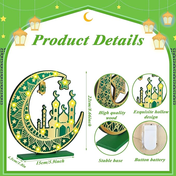 2 Pcs Ramadan Eid Mubarak Crafts Night Light 3D Wooden Moon Star Lights Ramadan Decorations LED Eid Mubarak Lamp Decor Ramadan Table Sign for Tabletop Home Party Supplies(Green and Gold) - LeafyLoom