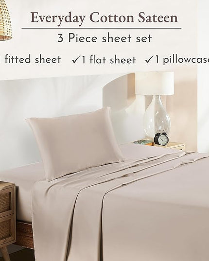 California Design Den Soft 100% Cotton Sheets Twin-XL Size Bed Sheet Sets with Deep Pockets, 3 Pc Extra Long Twin Sheets with Sateen Weave, Cooling Sheets (Beige) - LeafyLoom