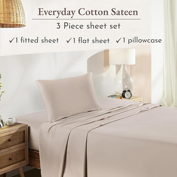 California Design Den Soft 100% Cotton Sheets Twin-XL Size Bed Sheet Sets with Deep Pockets, 3 Pc Extra Long Twin Sheets with Sateen Weave, Cooling Sheets (Beige) - LeafyLoom