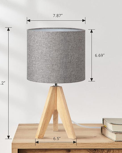 DEWENWILS Mid Century Table Lamp, Wooden Tripod Nightstand Lamp with Linen Fabric Shade, Bedside Lamp for Living Room, Nursery, Bedroom, Side Table, 14.2 Inch, ON/Off Switch - LeafyLoom