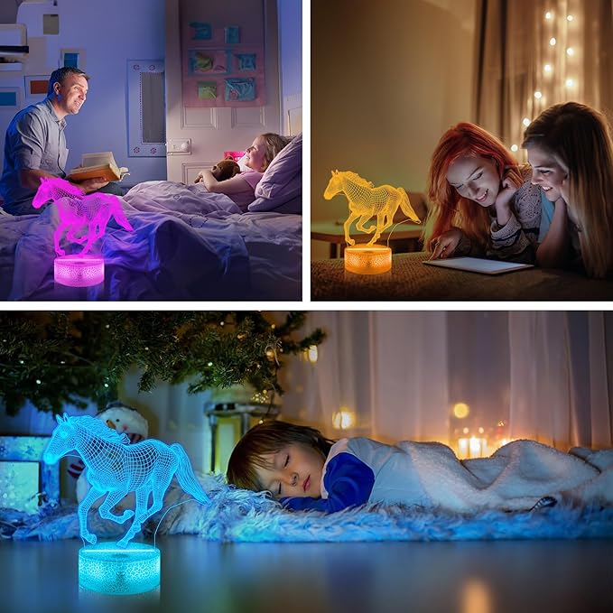 Horse Gifts for Girls, 3D Illusion Lamp, 3D Horse Night Light with 16 Colors Remote and Touch Control, Horses Decor for Kids Room, Girls Birthday Gifts - LeafyLoom