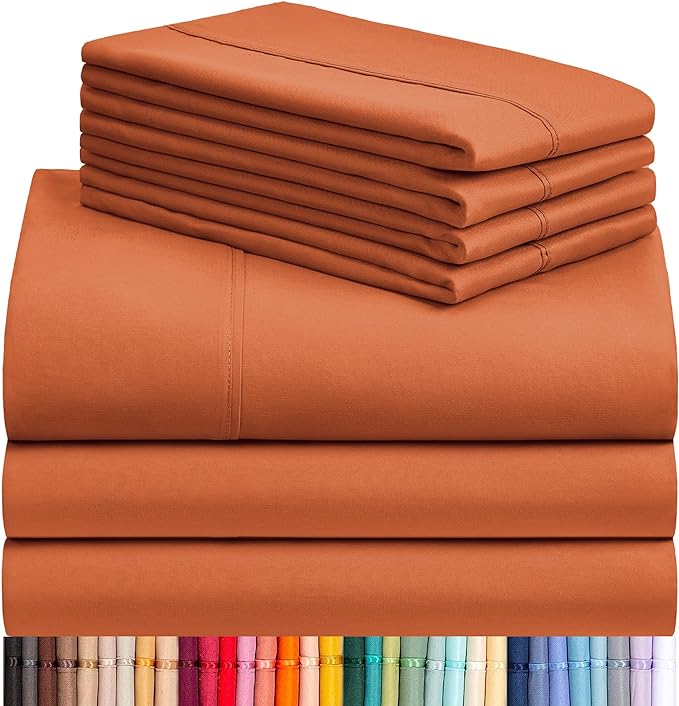 LuxClub 7 PC Split King Sheet Set, Breathable Luxury Bed Sheets, Deep Pockets 18" Eco Friendly Wrinkle Free Cooling Sheets Machine Washable Hotel Bedding Silky Soft - Autumn Orange Split King - LeafyLoom