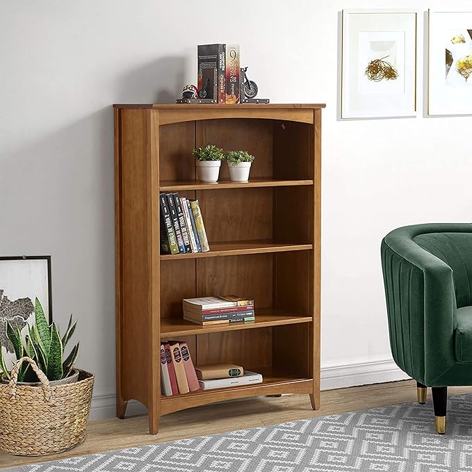 Shaker Style 4 Shelf Bookcase / Solid Wood / 48" High / Adjustable Shelving / Closed Back / Display Bookshelf for Living Room, Bedroom, Home and Office, Cherry - LeafyLoom