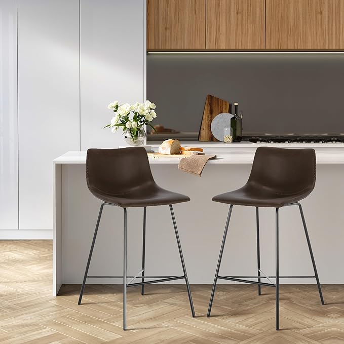 Poly and Bark Counter Stool 24 inches - Counter Height Bar Stools Set of 2 - Sturdy Kitchen Stools with Backs - Comfortable Bar Chair - Modern Countertop-High Chairs, Kitchen Island Barstools – Brown - LeafyLoom