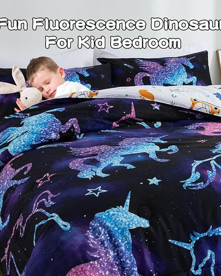 Meeting Story Dinosaur Comforter Set, Fluorescence Gradation Unicorn Twin Comforter Set, 3 PCS 1 Comforter and 2 Pillowcases in One Bag, All Season Bedspread for Kids Teens Adults（Twin） - LeafyLoom