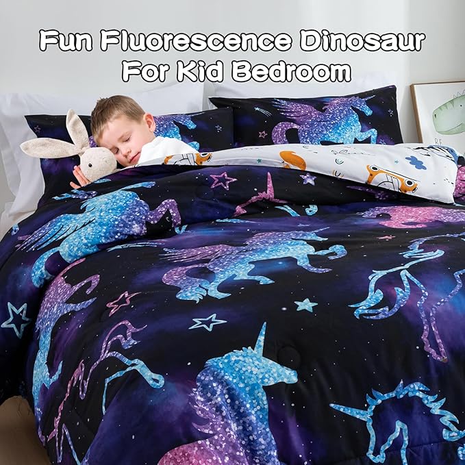 Meeting Story Dinosaur Comforter Set, Fluorescence Gradation Unicorn Twin Comforter Set, 3 PCS 1 Comforter and 2 Pillowcases in One Bag, All Season Bedspread for Kids Teens Adults（Twin） - LeafyLoom