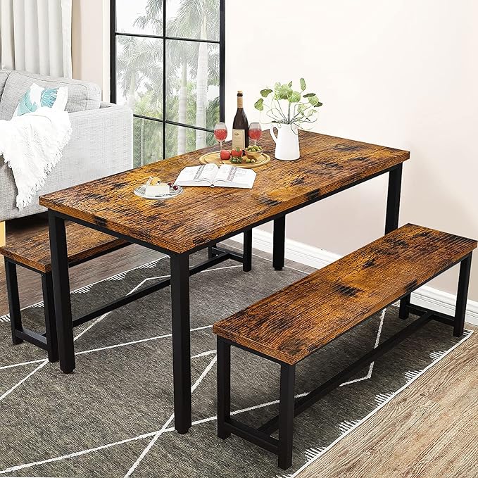 DKLGG 3-Pieces Dining Table Set with 2 Benches, Dining Table Set for 4, Wood Kitchen Table and Chairs Sets w/Metal Frame, Dining Sets for Small Spaces Kitchen Dining Room Restaurants (Rustic Brown) - LeafyLoom