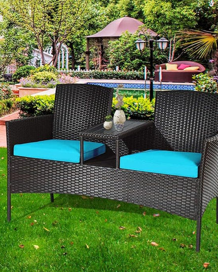 LUARANE Outdoor Rattan Sofas, Contract Patio Conversation Set Wicker Sofa Set with Built-in Coffee Table, Patio Furniture Set with Cushions, Rattan Loveseat for Lawn Backyard Garden (Brown+Blue) - LeafyLoom