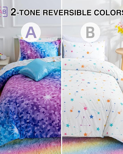 A Nice Night 6Pcs Gradient Abstract Art Grid Mosaic Geometric Bedding Set for Girls, Colorful Rainbow Galaxy Comforter Set, Ultra Soft Bedding Sets (PinkBlue,Full 6Pcs) - LeafyLoom