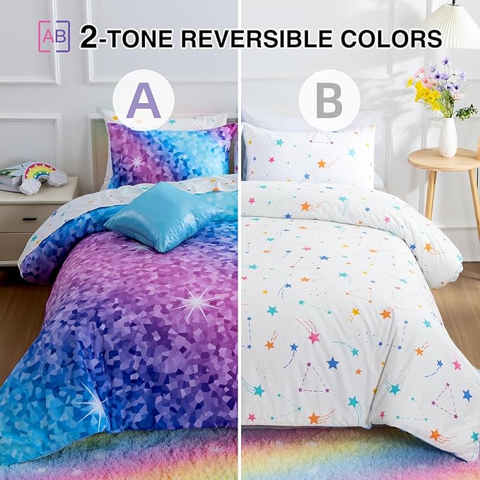 A Nice Night 6Pcs Gradient Abstract Art Grid Mosaic Geometric Bedding Set for Girls, Colorful Rainbow Galaxy Comforter Set, Ultra Soft Bedding Sets (PinkBlue,Twin 6Pcs) - LeafyLoom