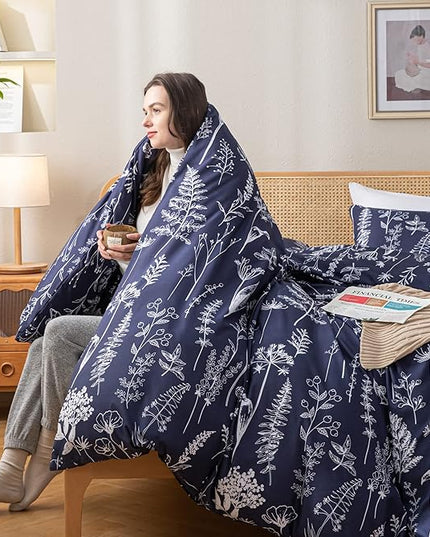 JANZAA Queen Comforter Set Bedding Comforter Sets Navy Blue Floral Comforter Set with 2 Pillow Cases Microfiber Soft for All Seasons - LeafyLoom