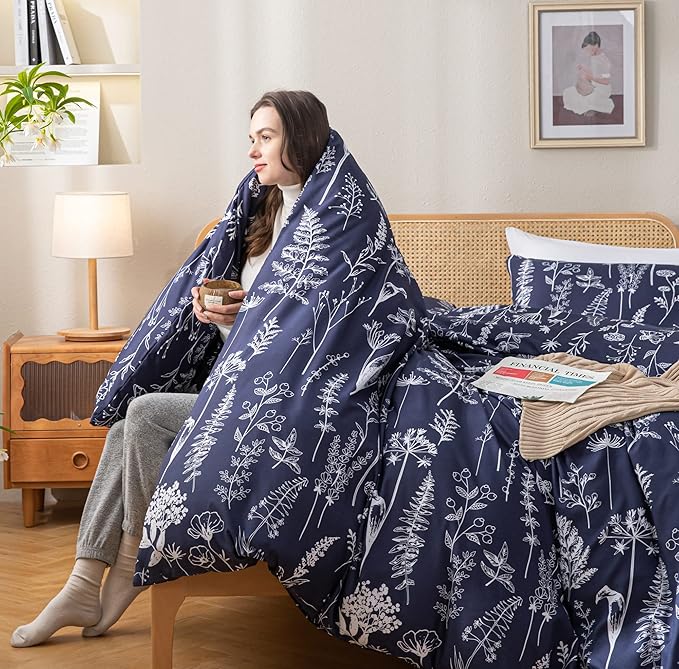 JANZAA Queen Comforter Set Bedding Comforter Sets Navy Blue Floral Comforter Set with 2 Pillow Cases Microfiber Soft for All Seasons - LeafyLoom