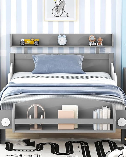 Twin Size Car-Shaped Platform Bed with 2 Storage Shelf,Kids Cars Beds W/Wheels,Slats Support,Saving Space,Easy Assembly,Wood Car Bedframe for Boys Toddlers Teens Bedroom,Gray - LeafyLoom