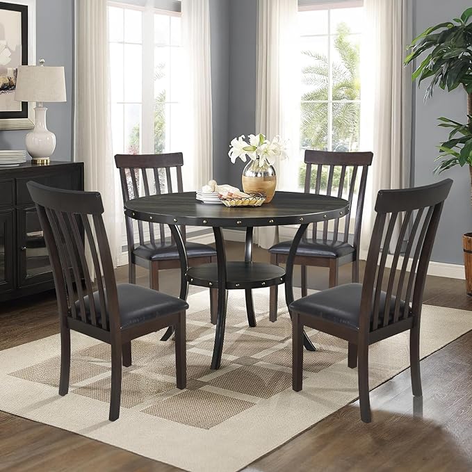 COLAMY Wooden Dining Chairs Set of 2, PU Leather Dining Room Kitchen Side Chair with Spindle High Back and Adjustable Foot Pegs - DarkBrown - LeafyLoom