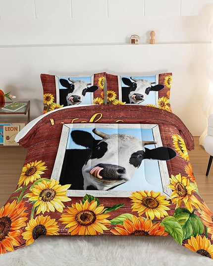 HOSIMA Farmhouse Animal Cow Comforter with 2 Pillowcases,Wooden Decor Terracotta Comforter Set Queen Size for Adults Teens,Cow Print Bedding Room Decor,Sunflower Comforter Set. - LeafyLoom