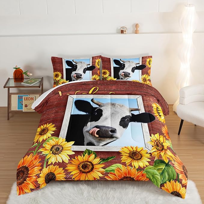 HOSIMA Farmhouse Animal Cow Comforter with 2 Pillowcases,Wooden Decor Terracotta Comforter for Adults Teens,Cow Print Bedding Room Decor,Sunflower King Size Comforter Set. - LeafyLoom