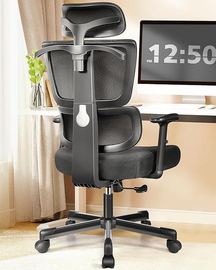 Primy Office Chair Ergonomic Desk Chair, High Back Computer Gaming Chair, Comfy Big and Tall Home Office Chair with Lumbar Support, Breathable Mesh Reclining Chair Adjustable Armrests Headrest(Black) - LeafyLoom