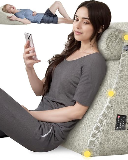 Reading Pillows for Sitting in Bed Adult Back Pillow for Bed Sitting Up, Back Support Pillow for Bed with Adjustable Roller, Foam Wedge Pillow for Neck, Lumbar, Back, Beige, 20 * 12 * 26IN - LeafyLoom